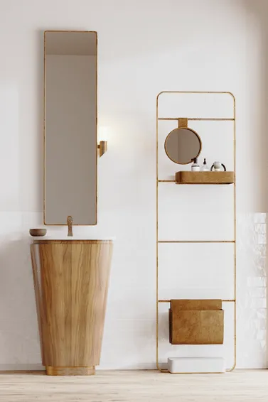 Modern Ahşap Detaylı Banyo Dolabı ve Lavabo Takımı